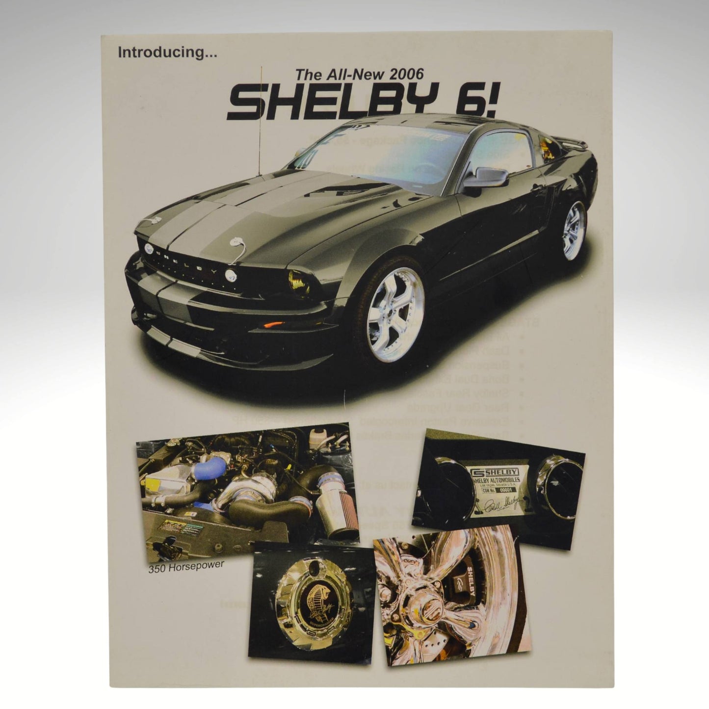 Promotional poster for the 2006 Shelby 6 car with images of the engine and interior.