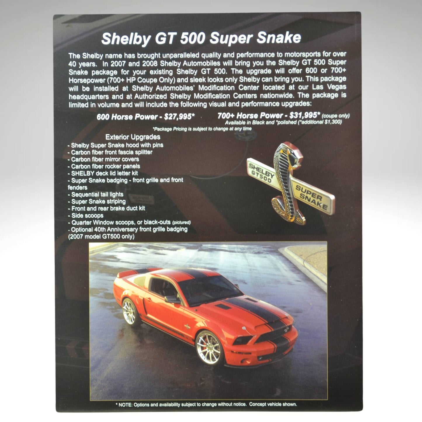 2007–08 Shelby GT500 Super Snake brochure featuring specs and performance upgrades for 600 and 700+ HP models, with pricing details