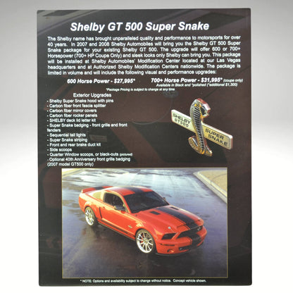 2007–08 Shelby GT500 Super Snake brochure featuring specs and performance upgrades for 600 and 700+ HP models, with pricing details