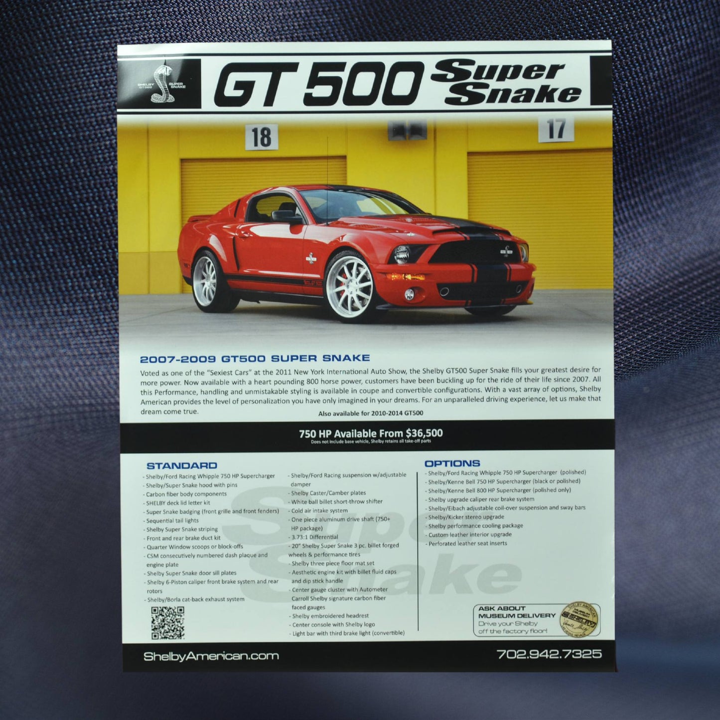 Back of the 2007–2009 Shelby GT500 Super Snake brochure with specs on the 750 HP package, carbon fiber components, and interior upgrades.