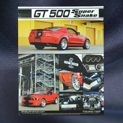 2007–2009 Shelby GT500 Super Snake brochure featuring a red Super Snake Mustang with details on performance upgrades and customization options