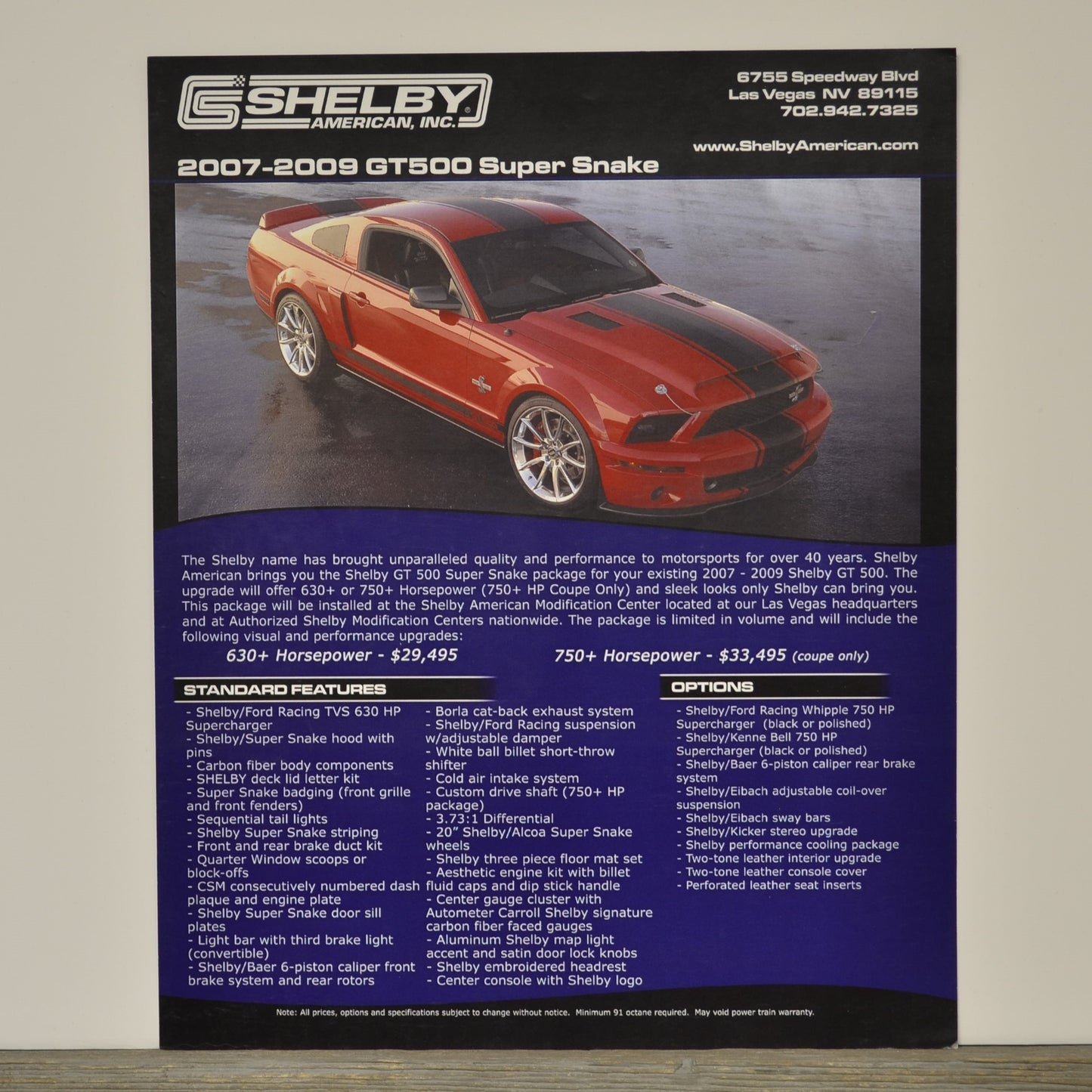 Shelby American Inc. advertisement for 2007-2009 GT500 Super Snake with a red car on a black background.
