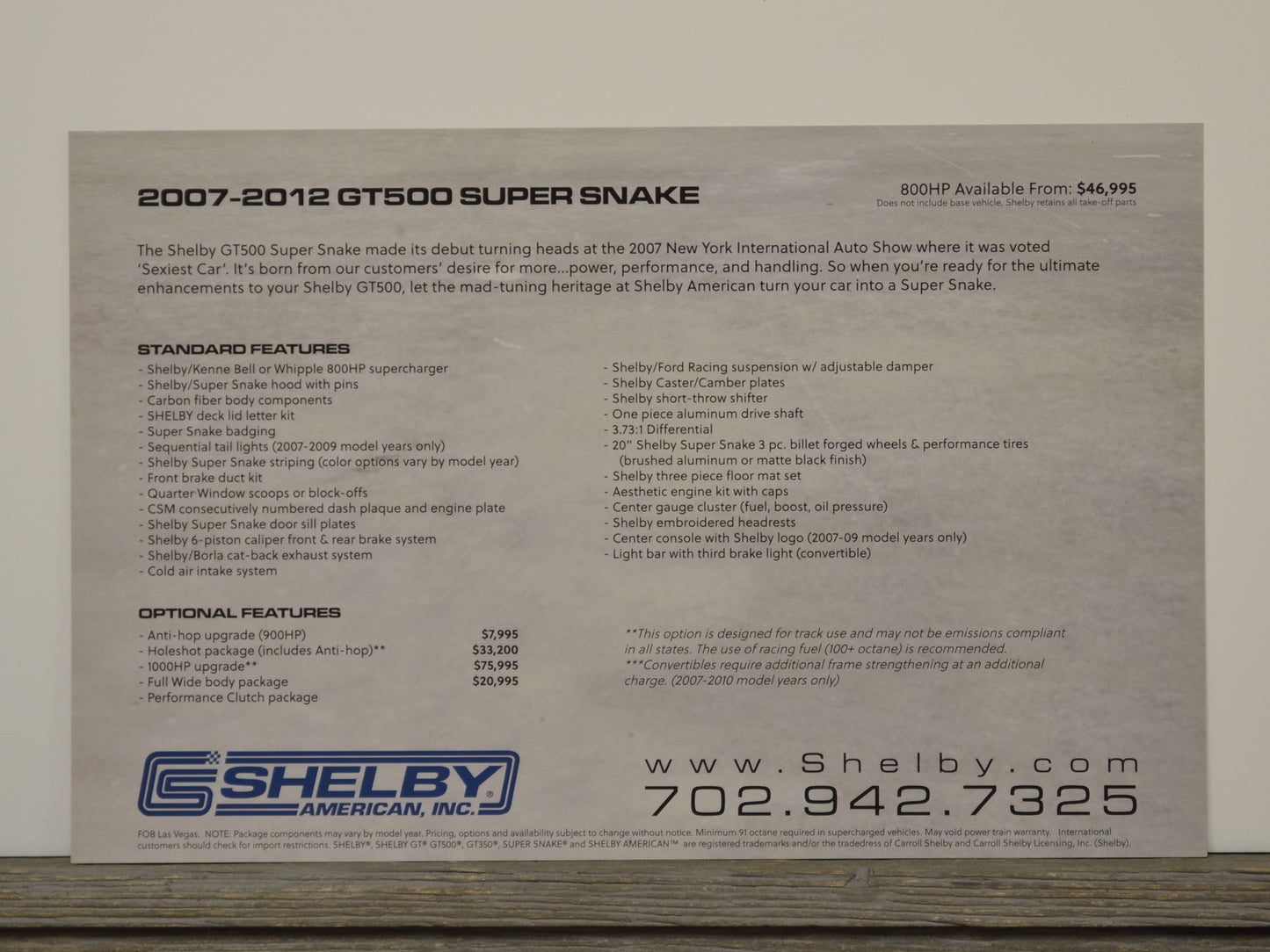 Brochure or flyer for 2007-2012 Shelby GT500 Super Snake with text and contact information.