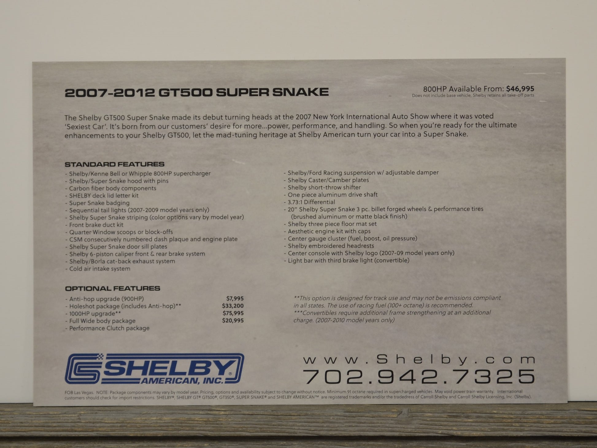 Brochure or flyer for 2007-2012 Shelby GT500 Super Snake with text and contact information.