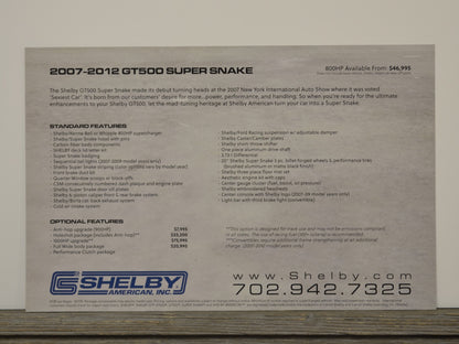 Brochure or flyer for 2007-2012 Shelby GT500 Super Snake with text and contact information.