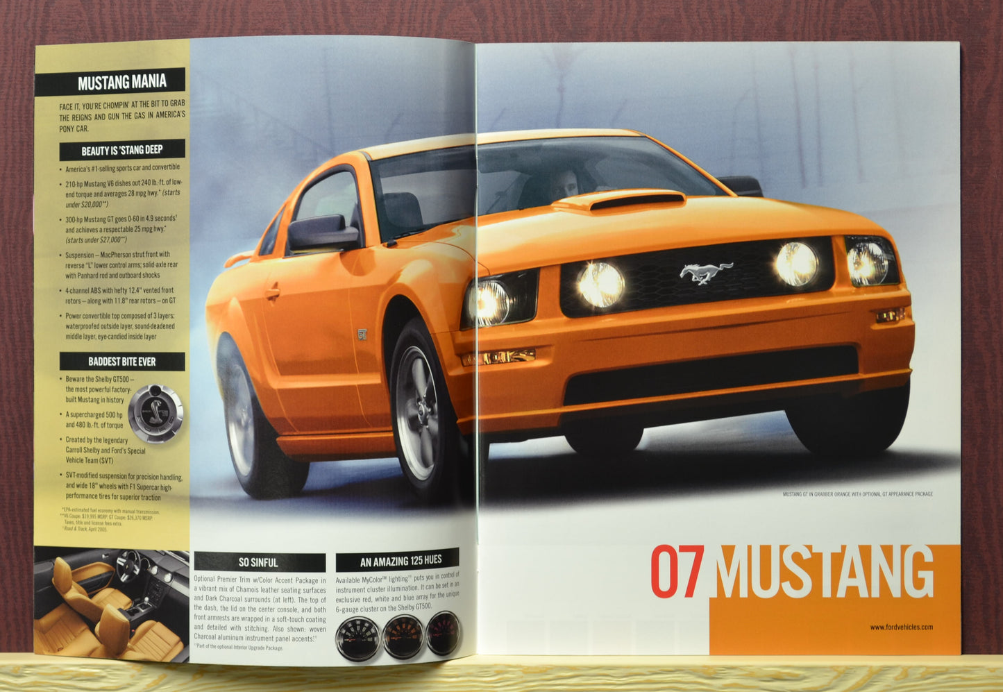 Interior Pages of 2007 Ford Car Brochure with yellow 2007 Ford Mustang