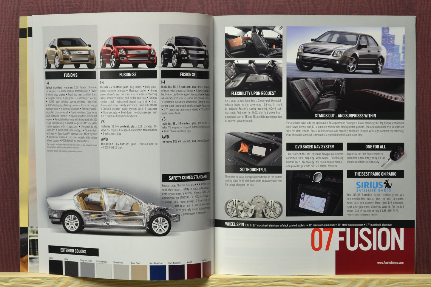 Interior Pages of 2007 Ford Car Brochure with Fusion Model Details and Specs