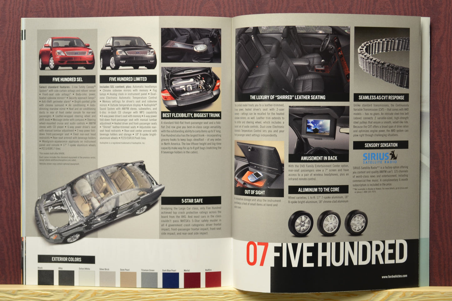 Interior Pages of 2007 Ford Car Brochure with Ford 500 Model Details and Specs