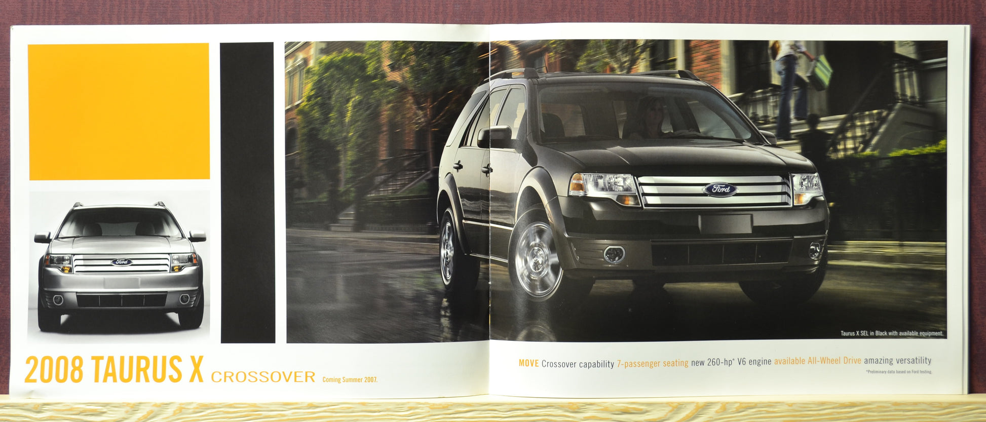 Interior pages of 2008 Ford Taurus X featured in sales brochure