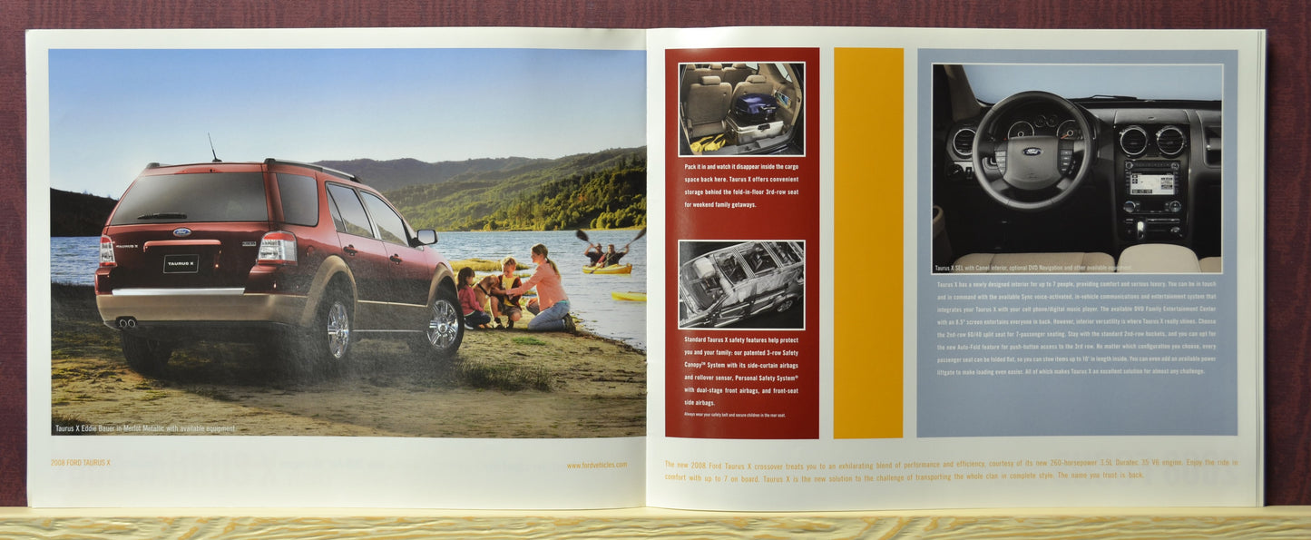 Interior pages of 2008 Ford Taurus x interior and safety features in sales brochure