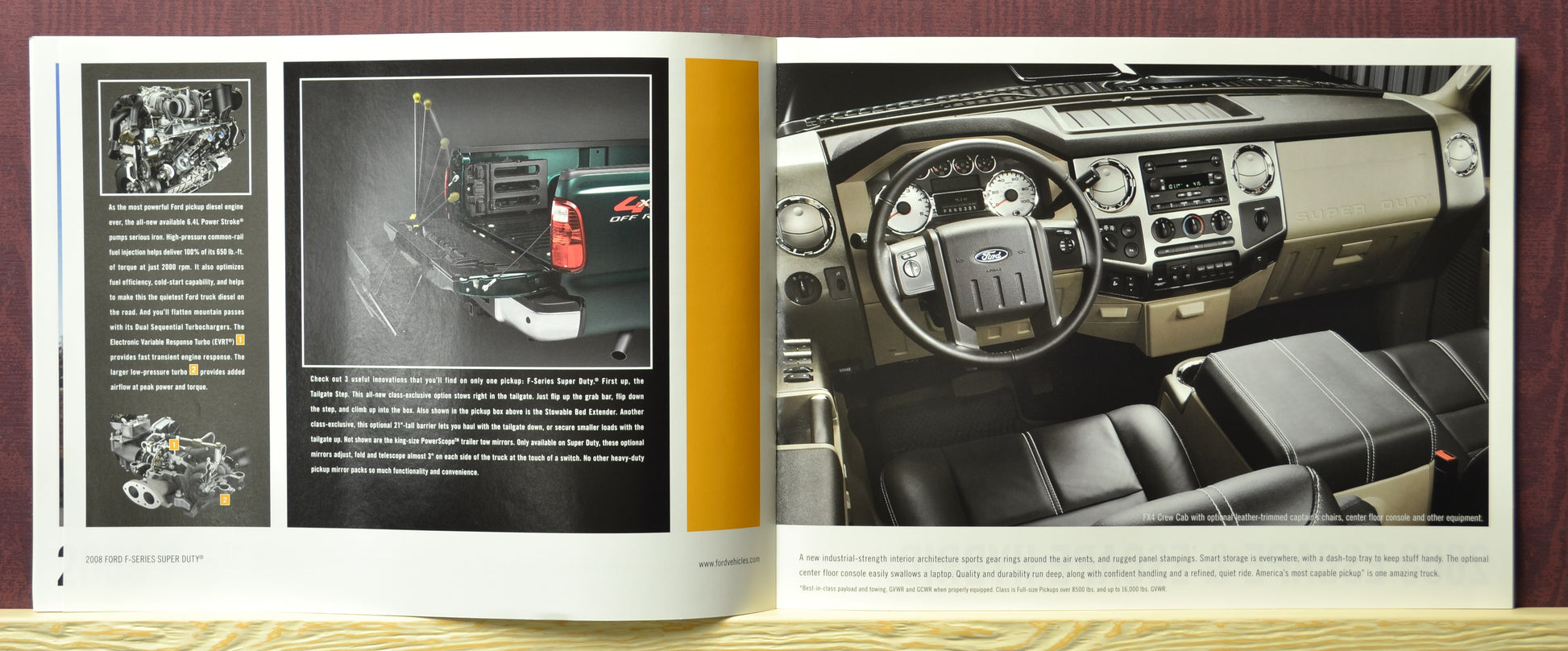 Interior pages of 2008 Ford Super Duty truck interior featured in sales brochure