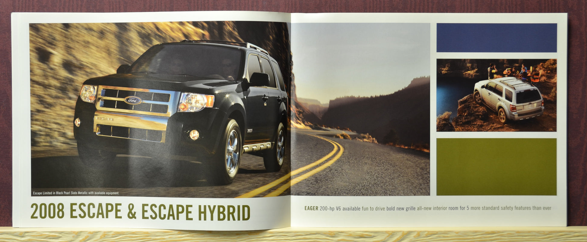 Interior pages of 2008 Ford Escape and Escape Hybrid featured in sales brochure