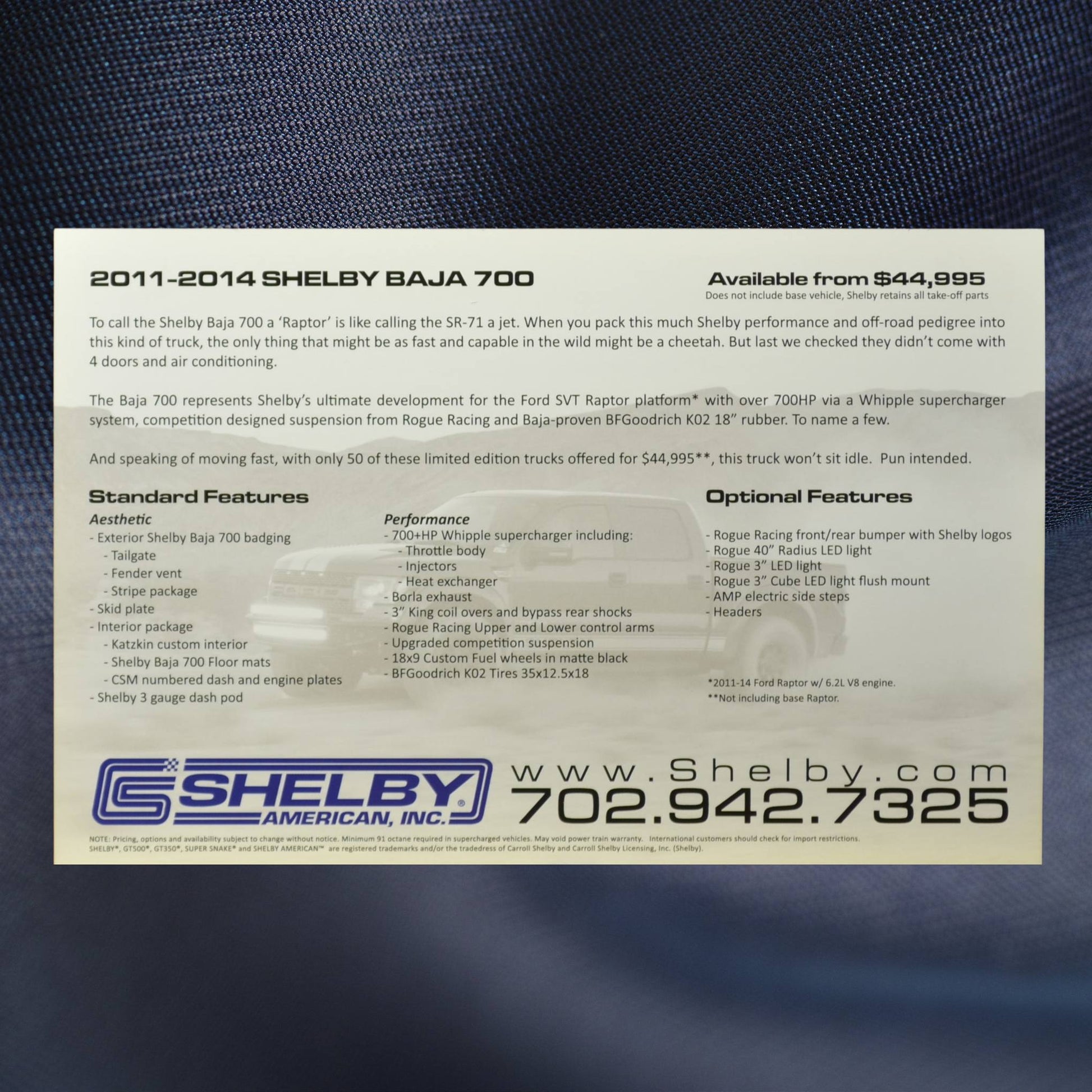 2011-2014 Shelby Baja 700 Promo Card Back - Specifications and Features