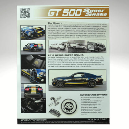 2012 Shelby GT500 Super Snake brochure back page with history of the Shelby Mustang, specs, and limited edition design features.