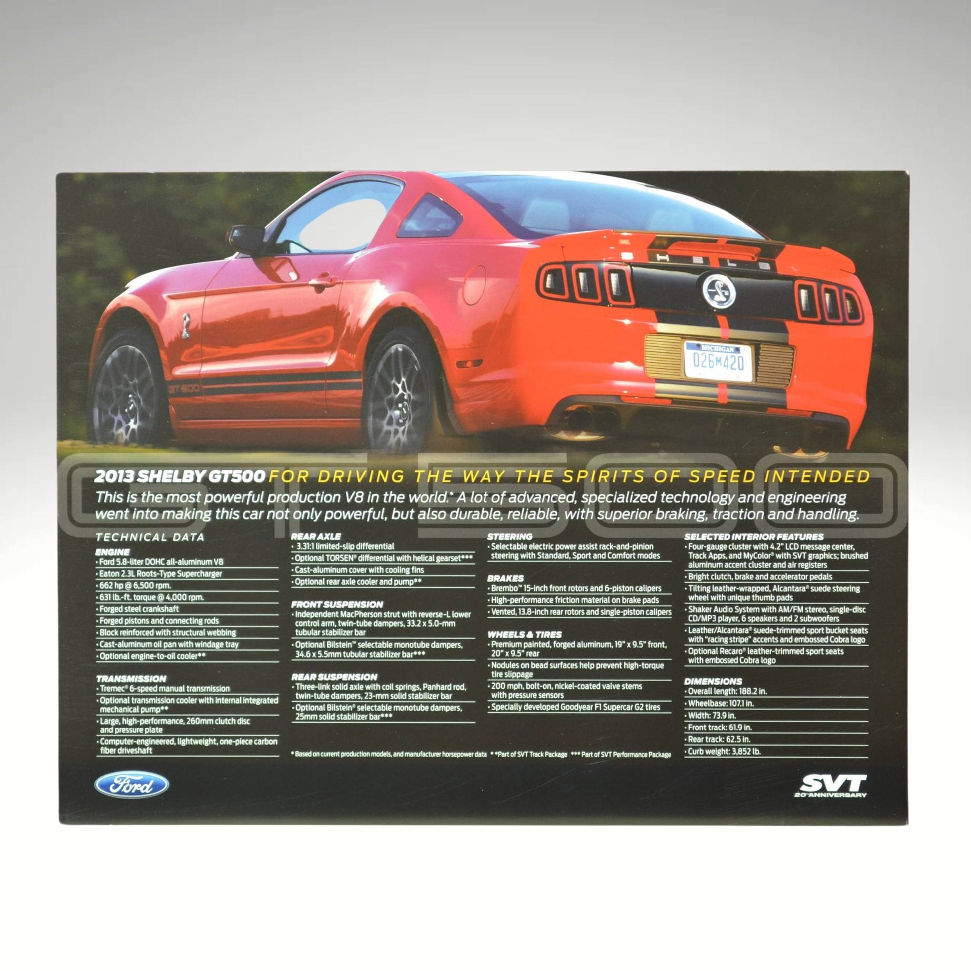 2013 Shelby GT500 promo card back with technical specifications and red Mustang