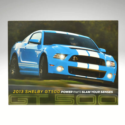 Front Image: "2013 Shelby GT500 promo card front featuring blue Mustang with white racing stripes