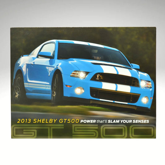 Front Image: "2013 Shelby GT500 promo card front featuring blue Mustang with white racing stripes