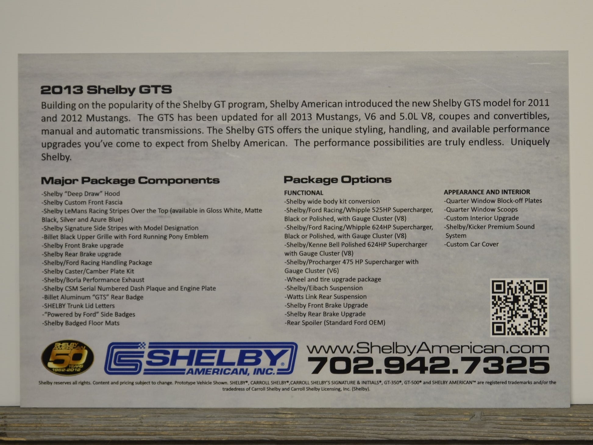 Brochure or flyer for 2013 Shelby GTS featuring text and branding.