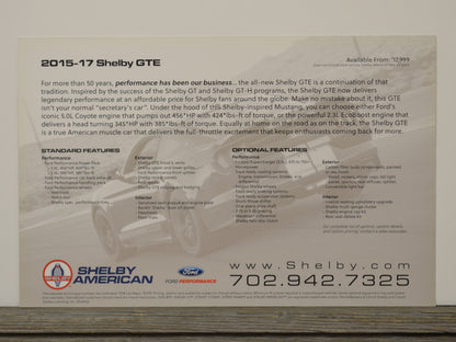 Brochure or flyer for 2015-17 Shelby GTE with text and graphics on a wooden surface.