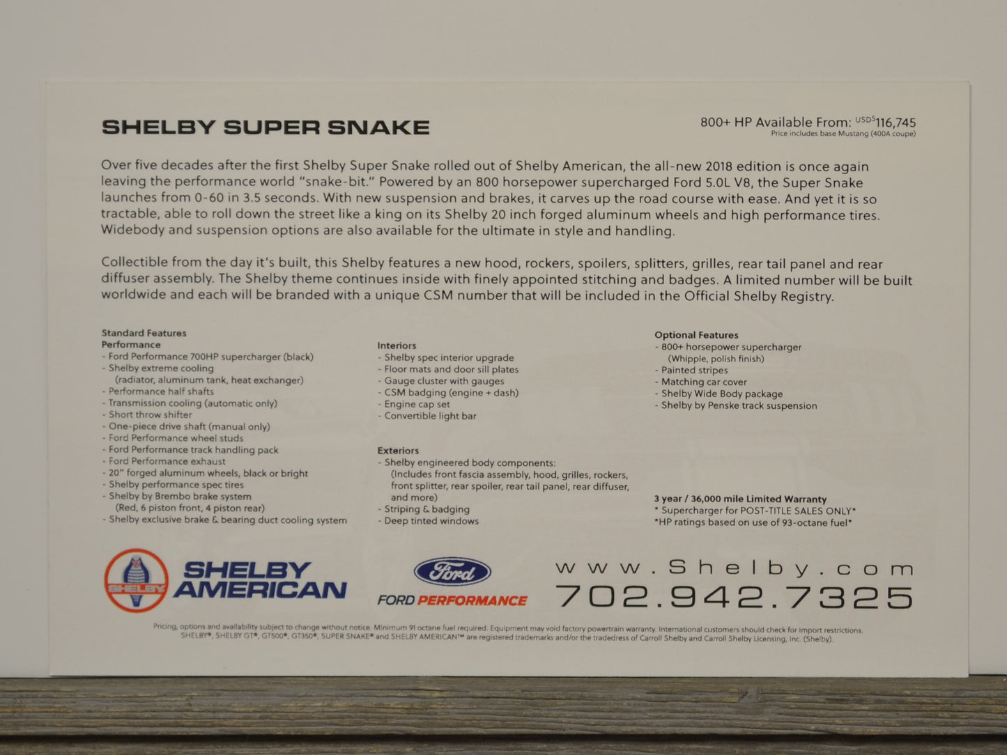 Brochure or promotional material for a Shelby Super Snake vehicle, featuring text and branding.