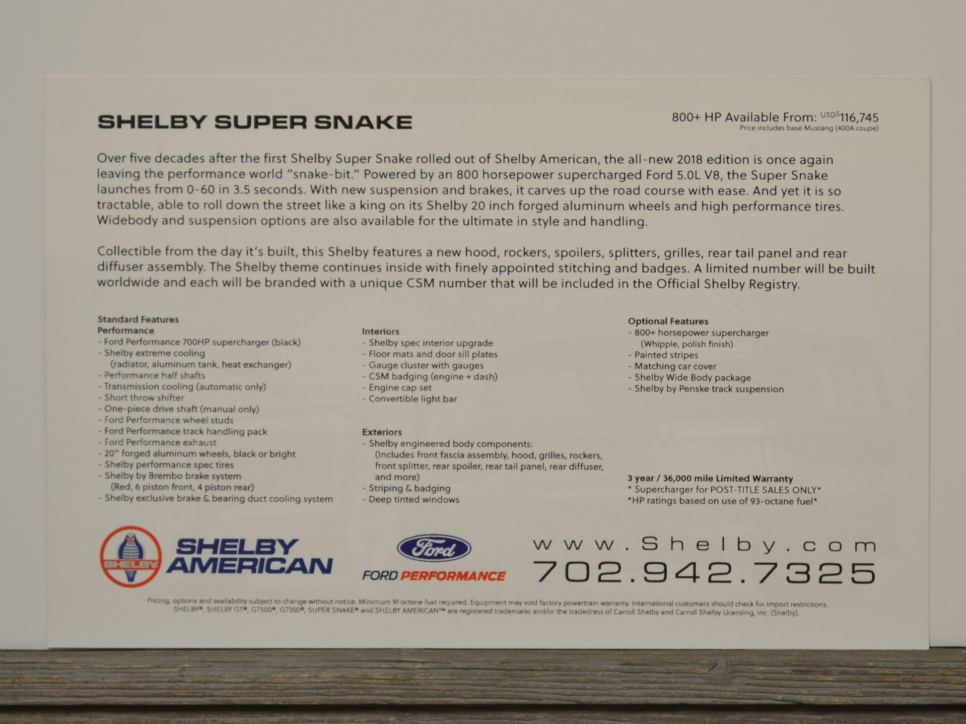 Brochure or promotional material for a Shelby Super Snake vehicle, featuring text and branding.