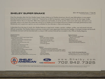 Brochure or promotional material for a Shelby Super Snake vehicle, featuring text and branding.