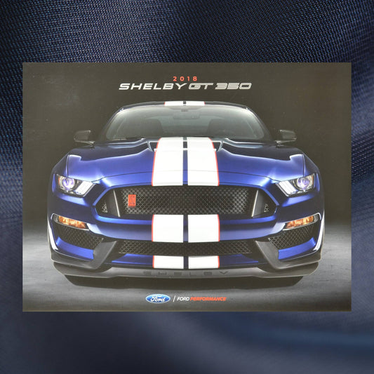 Front cover of the 2018 Shelby GT350 dealer brochure featuring a blue Mustang with white racing stripes.