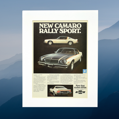 1975 Chevrolet Camaro rally sport nostalgia print ad.