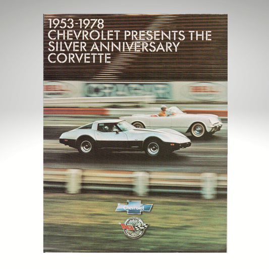 Advertisement for 1953-1978 Chevrolet Silver Anniversary Corvette on a track.