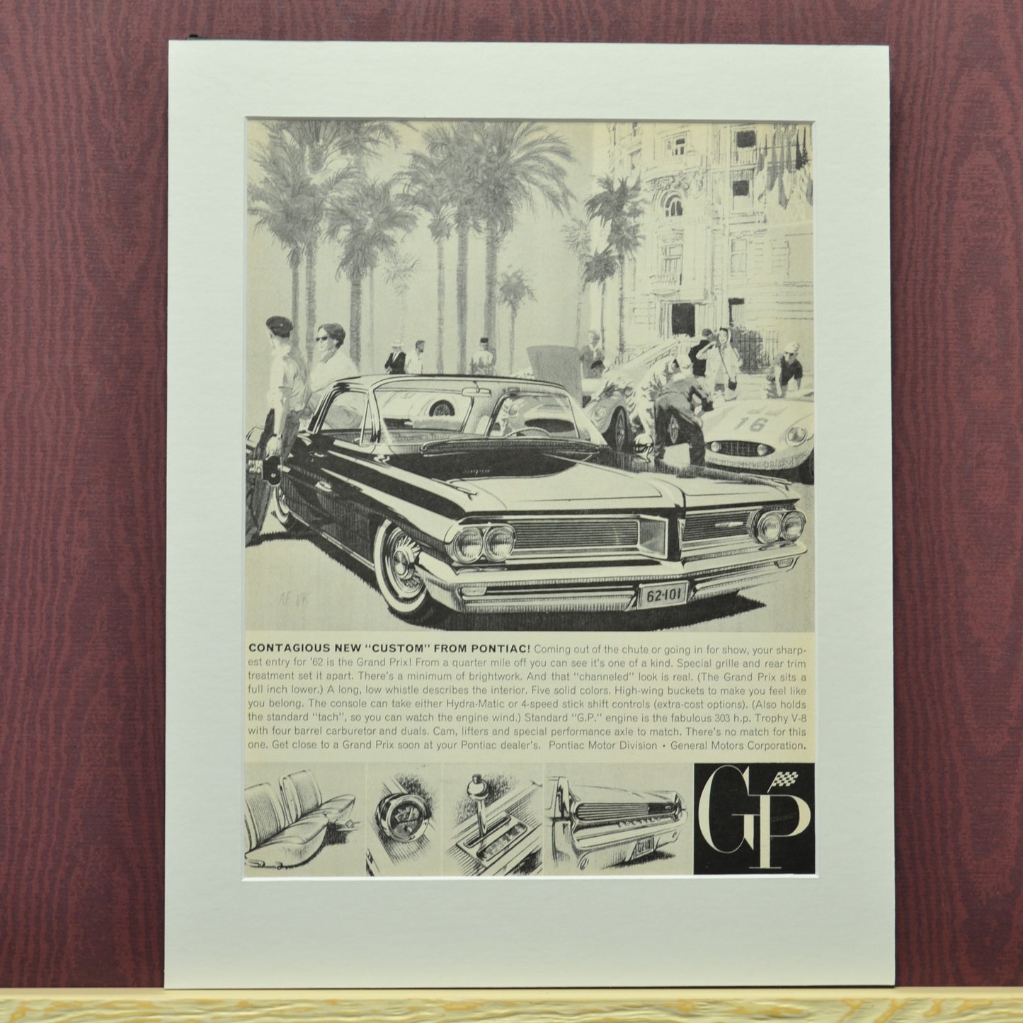 1962 Pontiac Grand Prix Ad: Framed Vintage Automotive Print