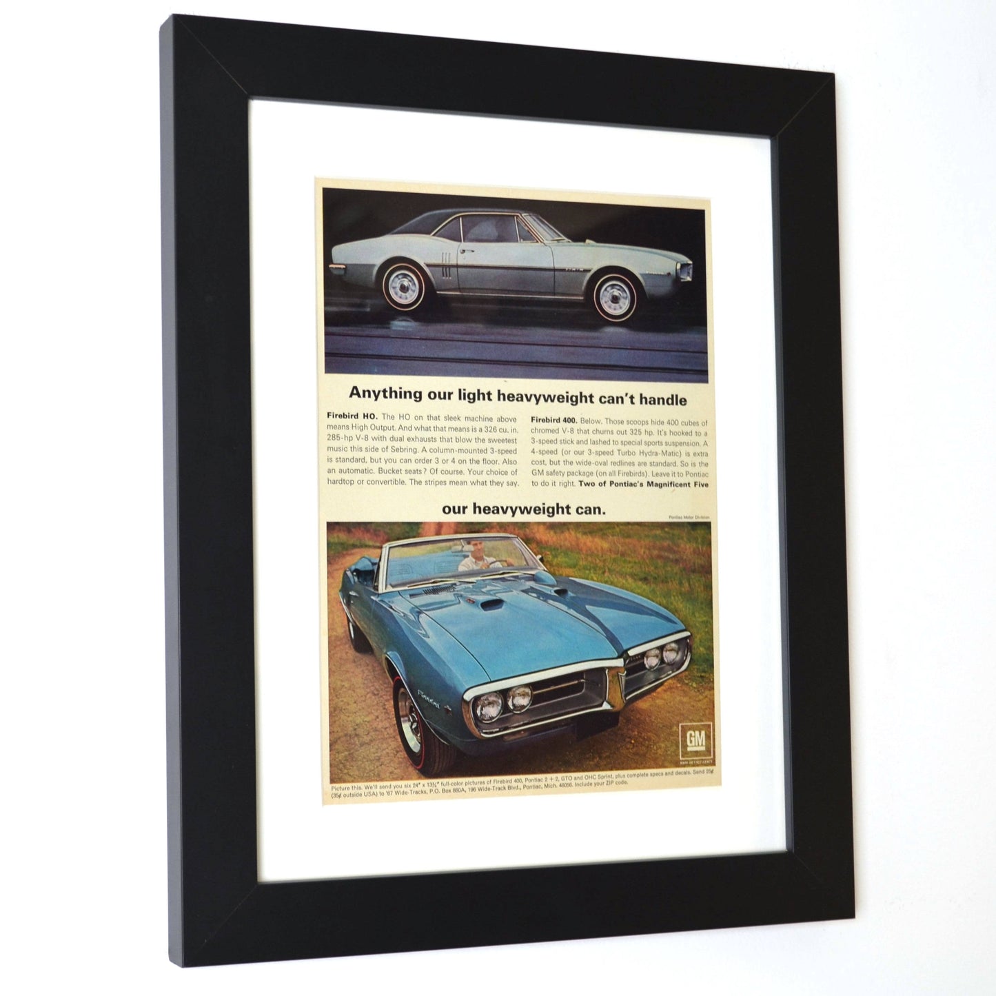 1967 Pontiac Firebird H.O. Print Ad, side view, framed