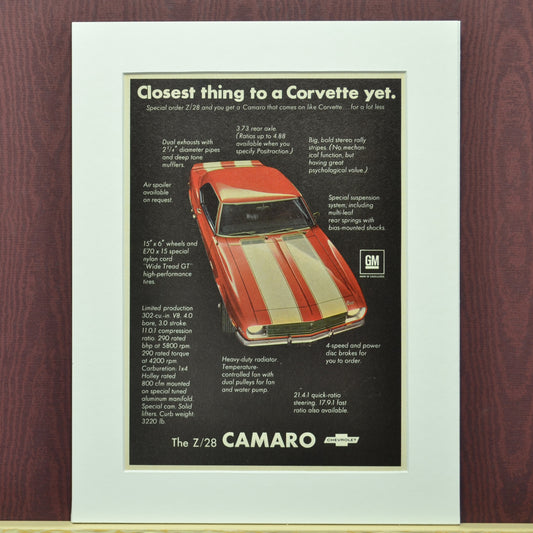 1968 Chevrolet Camaro Z-28 Ad - Vintage Camaro Wall Art for Garage or Mancave