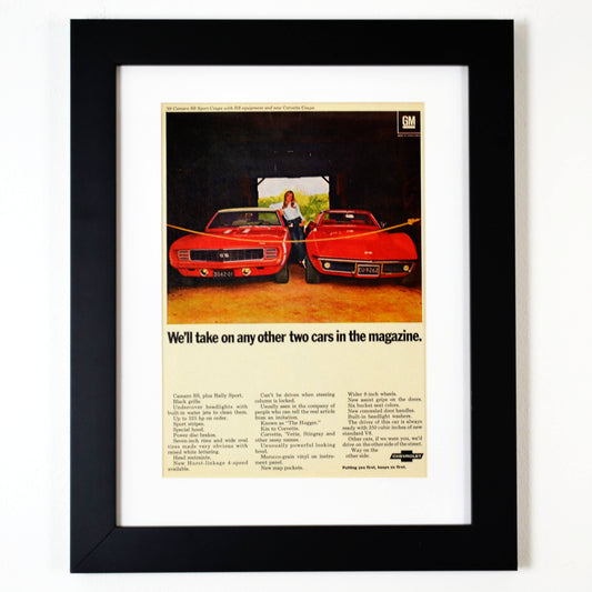 Own a Piece of History: Framed 1969 Camaro & Corvette Ad Print