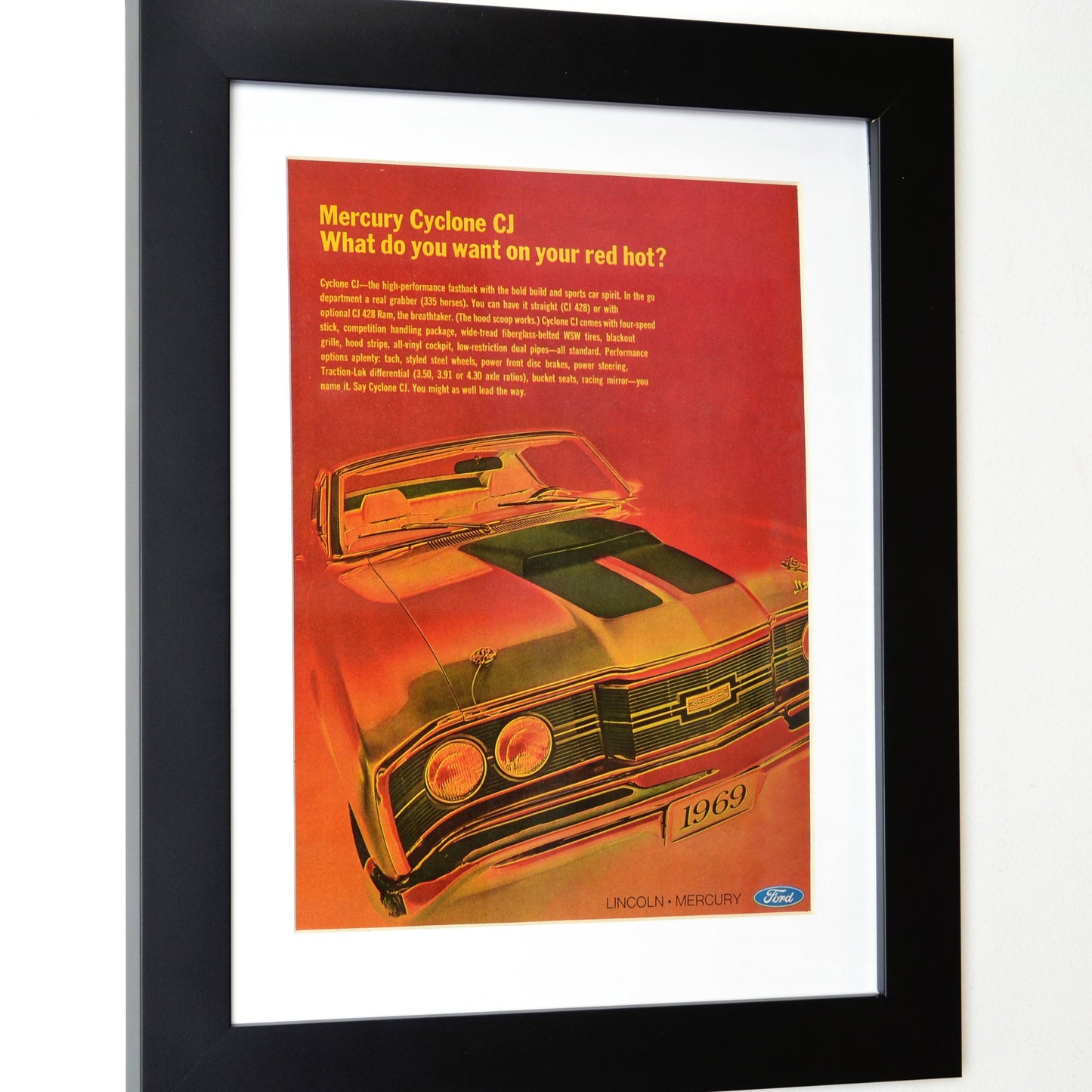 1969 Mercury Cyclone CJ Vintage Print Ad, Framed Automotive wall art