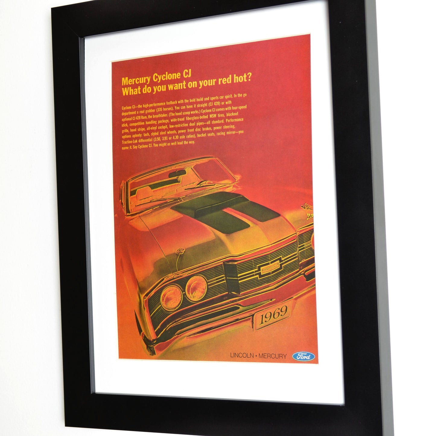 1969 Mercury Cyclone CJ Vintage Print Ad, Framed Automotive wall art