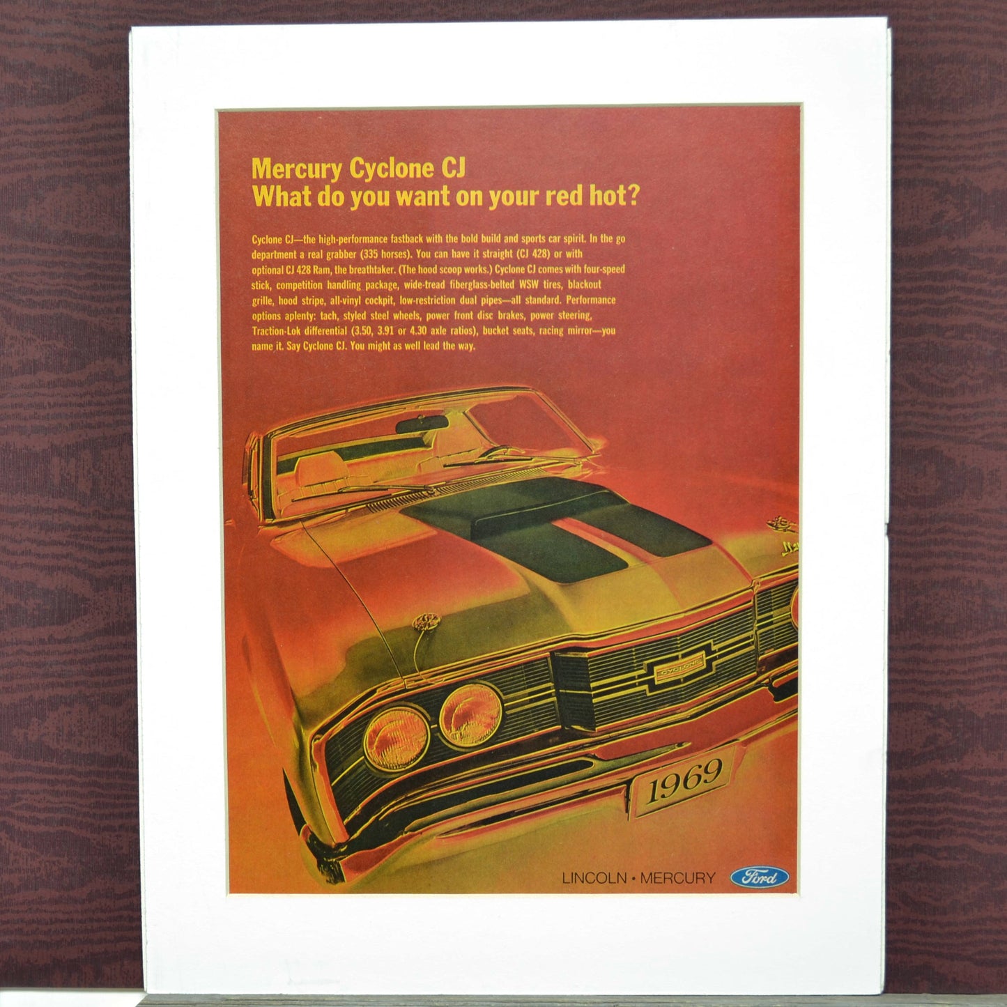 1969 Mercury Cyclone CJ Vintage Print Ad, Framed Automotive wall art