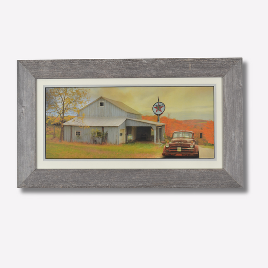 Vintage Truck and Texaco Station Country Art Print - Rustic barn wood Framed Americana Decor