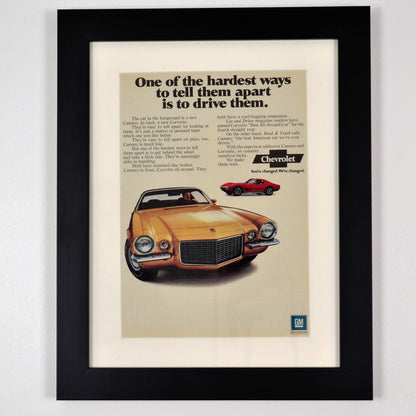 Framed 1970 Chevrolet Camaro, Corvette classic car automotive print advertisement 