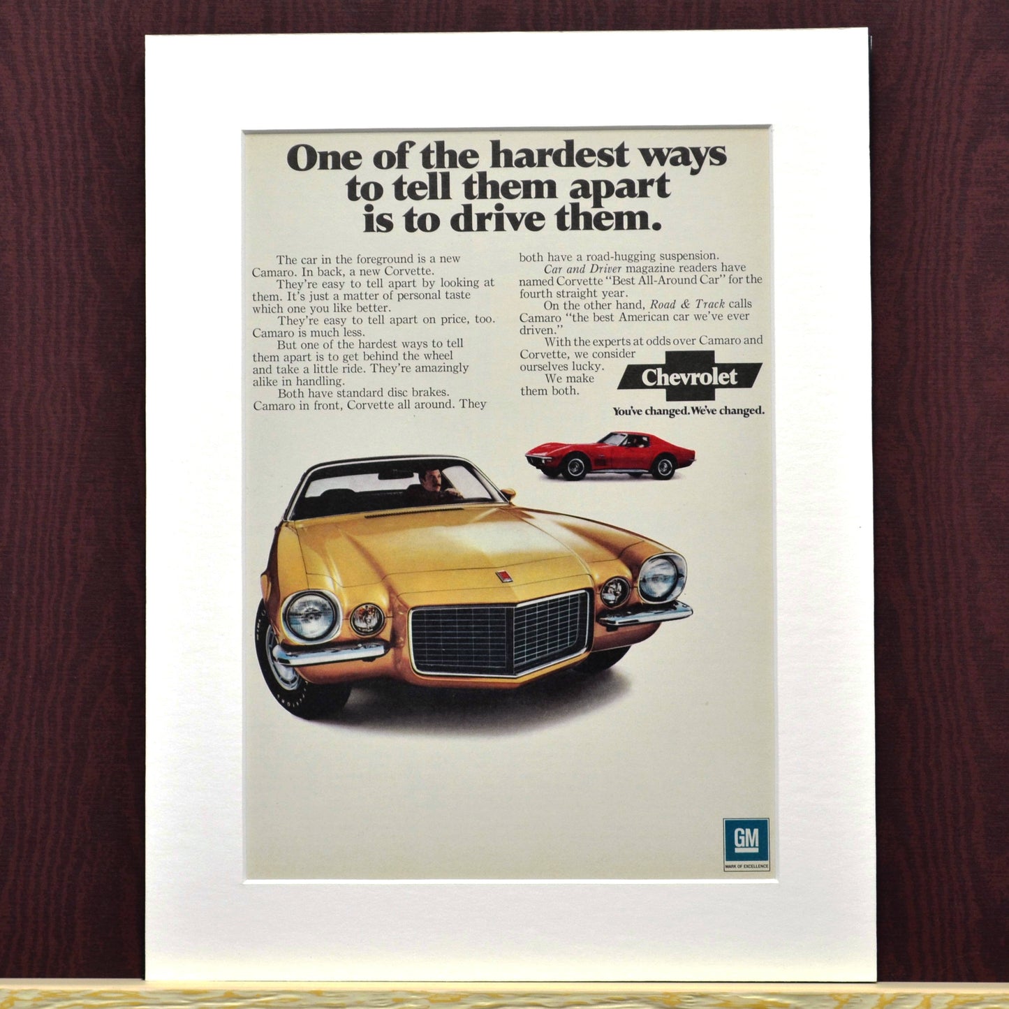 1970 Chevrolet Camaro, Corvette classic car automotive print advertisement