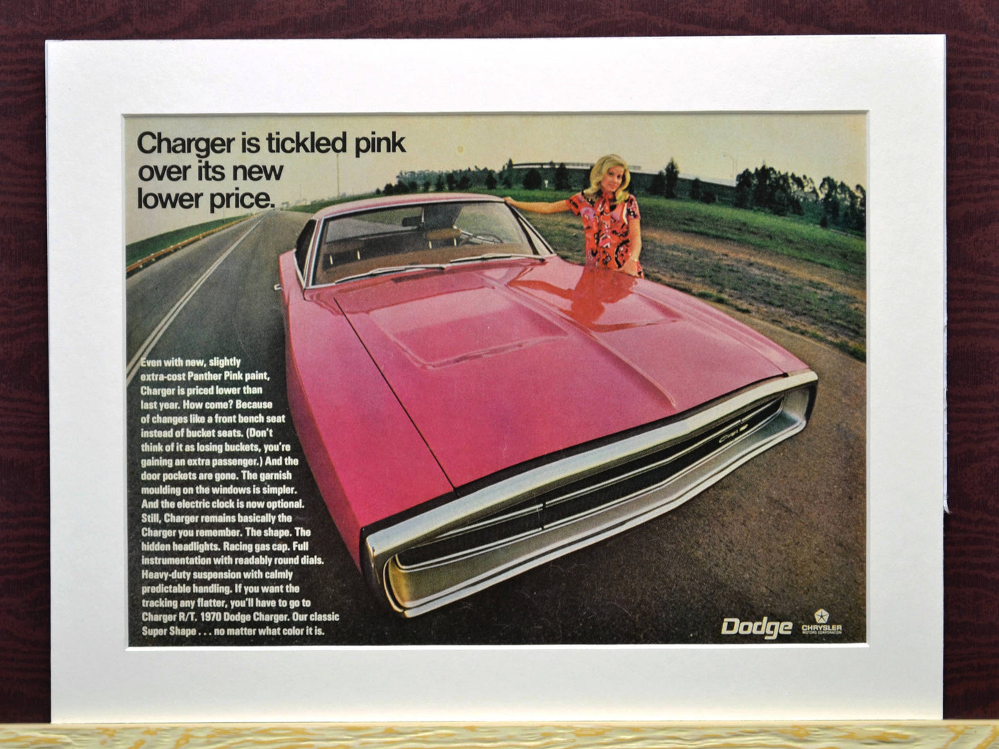 1970 Dodge Charger R/T classic car print ad, framed automotive wall art