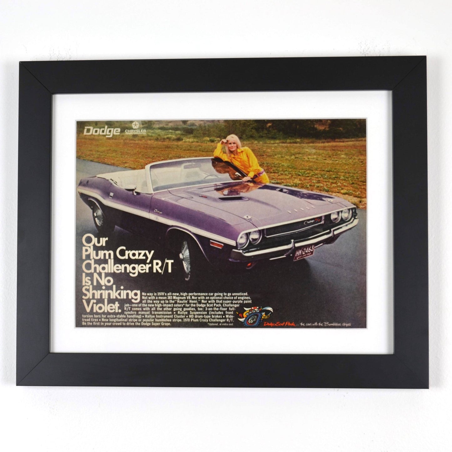 Vintage Plum Crazy Dodge Challenger Ad - Classic Mopar Wall Art, framed