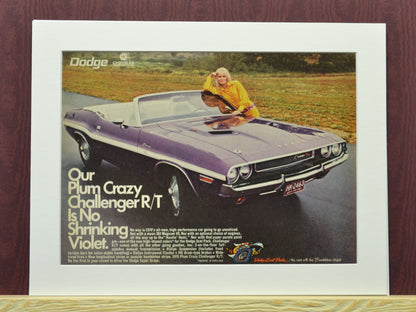 1970 Dodge Challenger R/T classic car print ad, framed automotive wall art