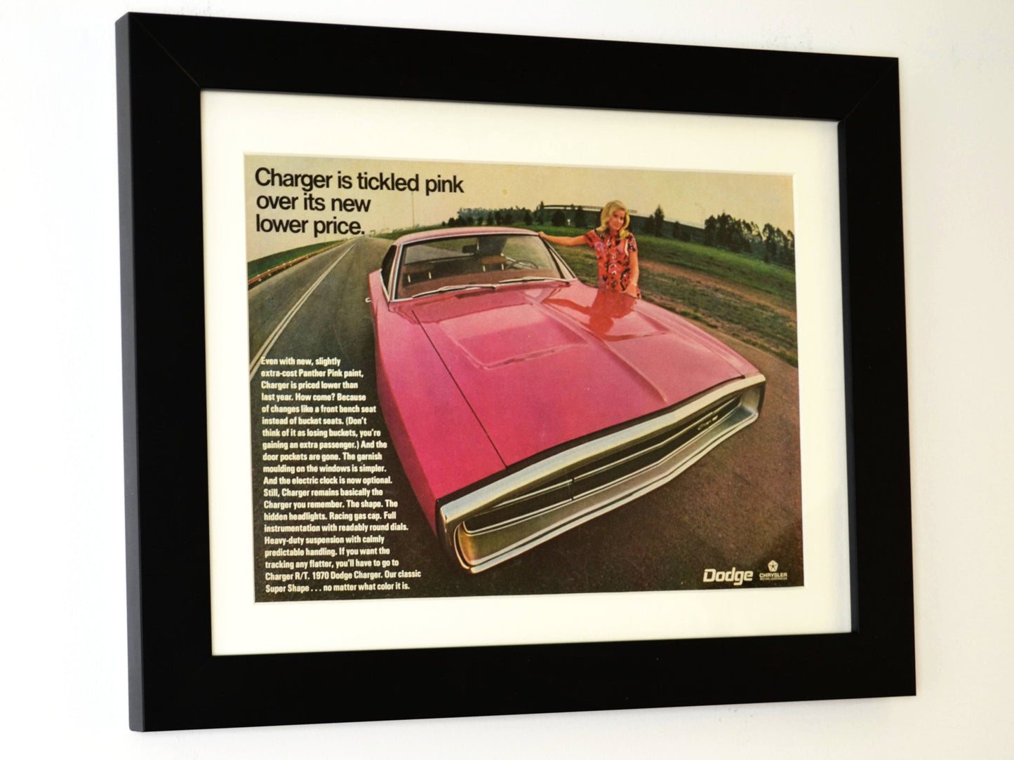 1970 Dodge Charger R/T classic car print ad, framed automotive wall art