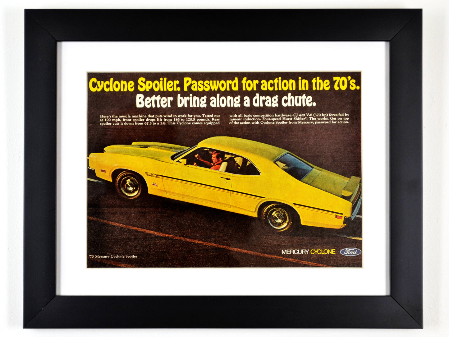 1970 Mercury Cyclone Spoiler Vintage Print Ad, Framed Automotive wall art