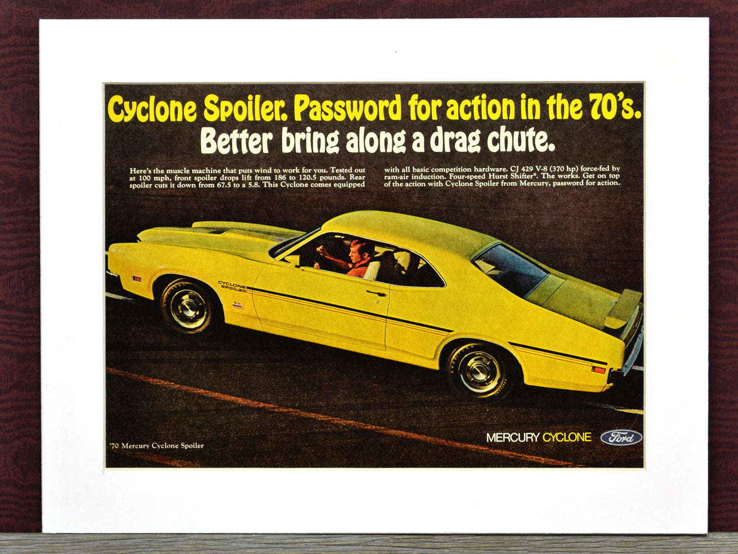 1970 Mercury Cyclone Spoiler Vintage Print Ad, Framed Automotive wall art