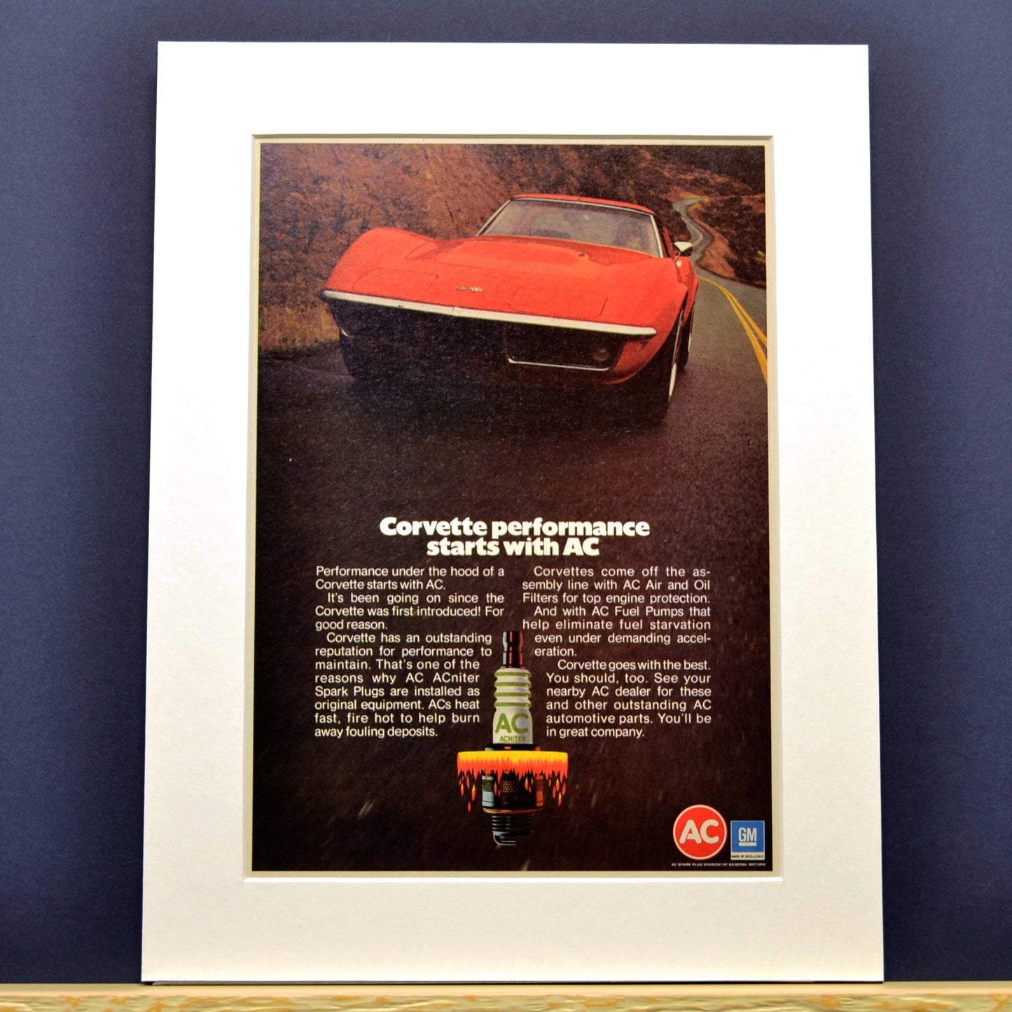 1972 Chevy Corvette Ad: Framed Classic Muscle Car Art (AC Spark Plugs)