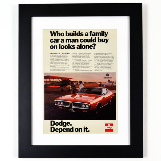 1972 Dodge Charger classic car print ad, framed automotive wall art