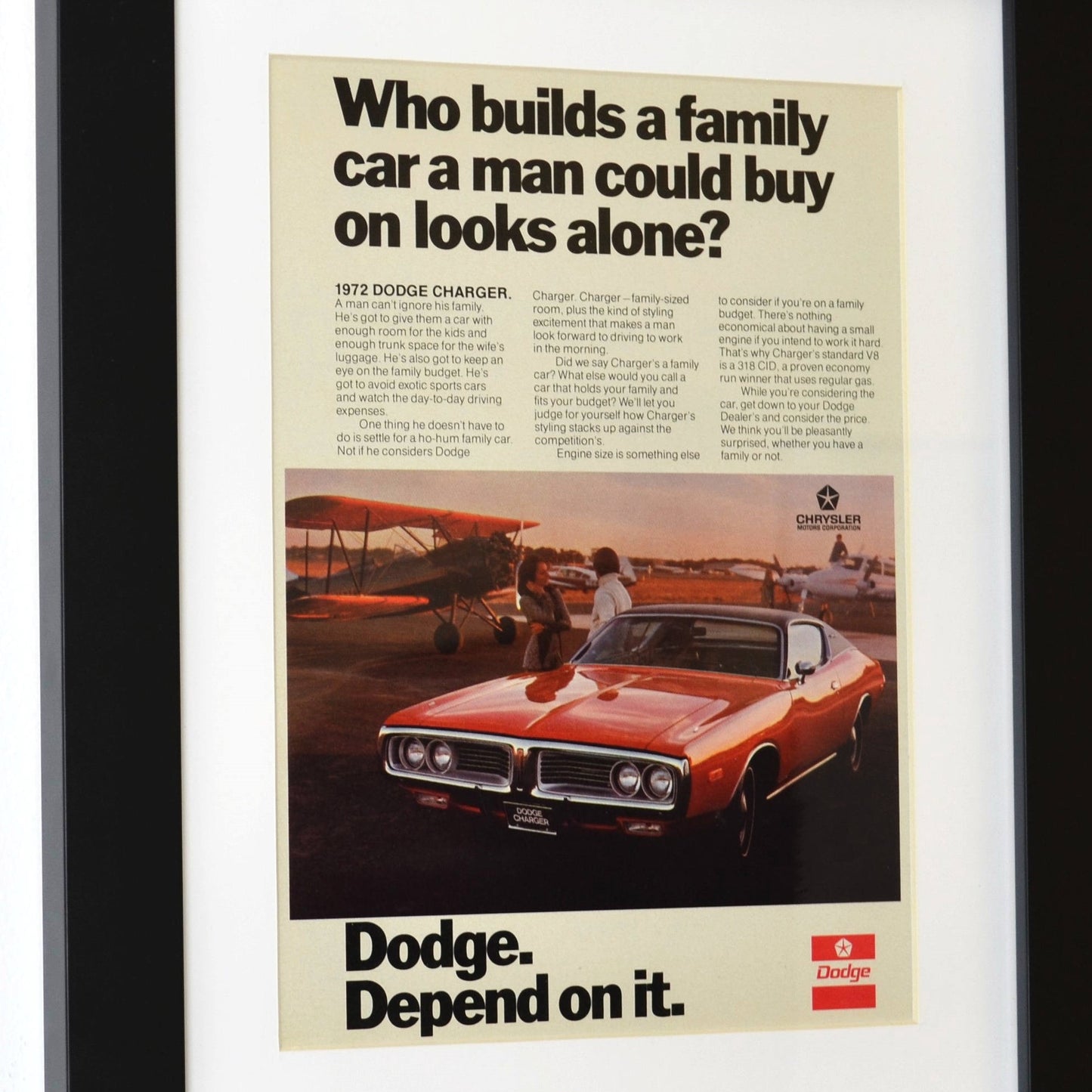 1972 Dodge Charger classic car print ad, framed automotive wall art