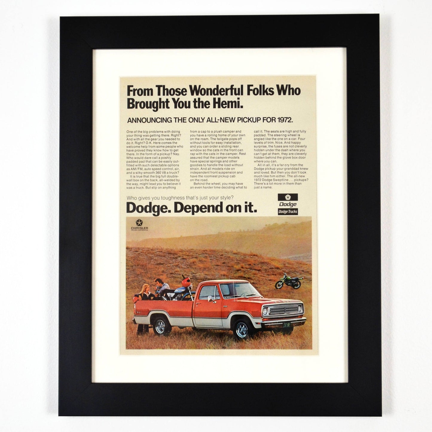 1972 Dodge pick up truck vintage print ad. | Framed nostalgic wall art