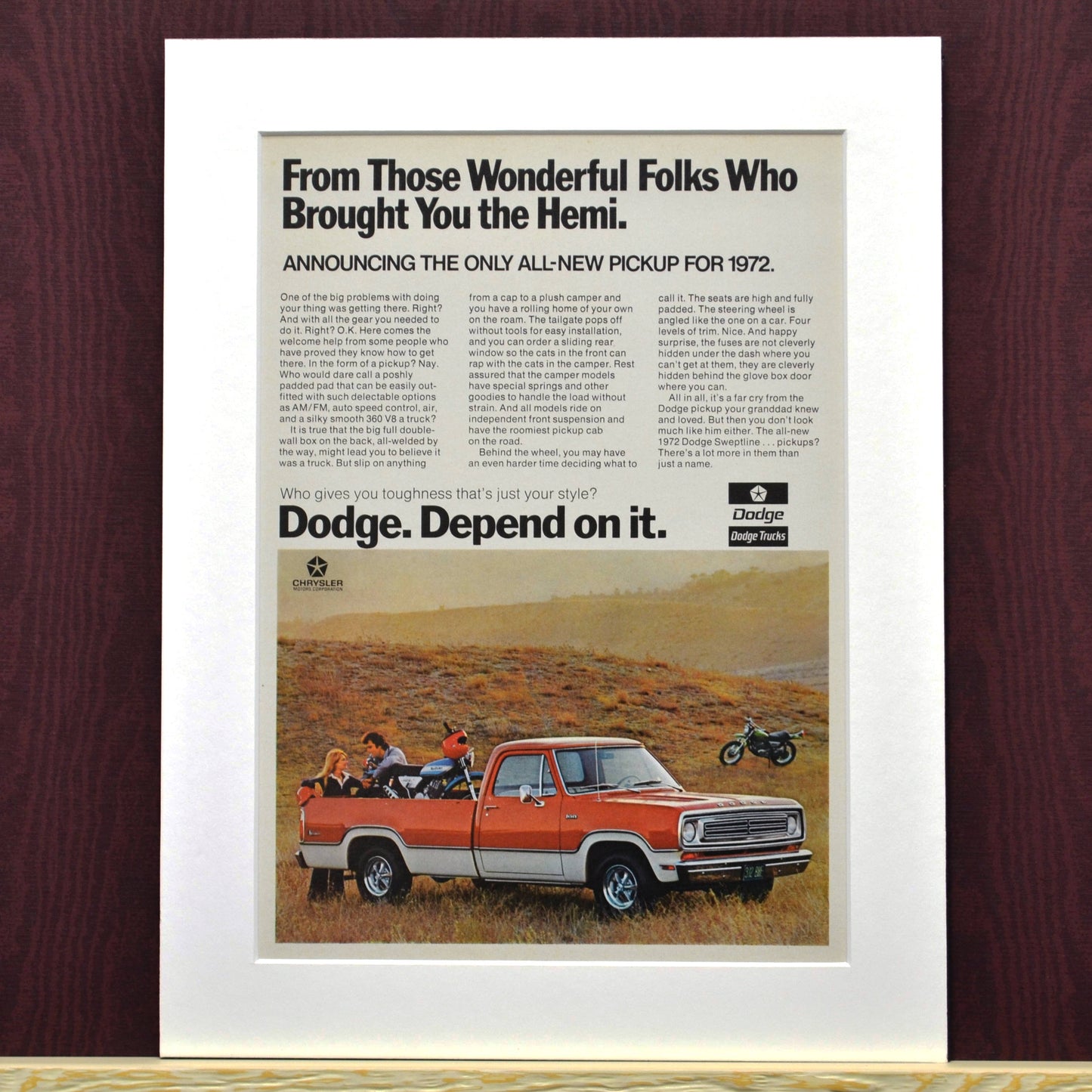 1972 Dodge pick up truck vintage print ad. | Framed nostalgic wall art